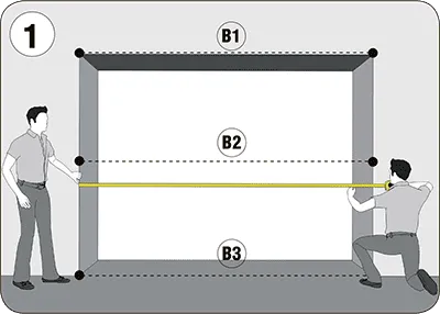 Внимание! Все замеры проводятся в трех разных точках.  Замерьте ширину проема (B) и запишите максимальное  значение.